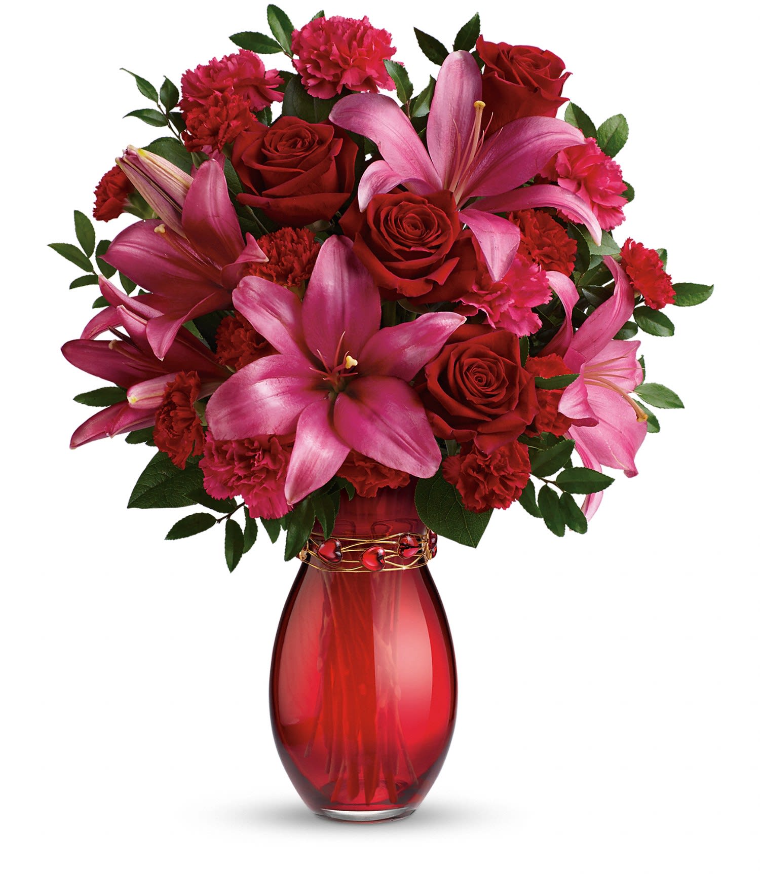 Teleflora's Crimson Kisses Bouquet DX - Get kissed! Captivating crimson roses and flirtatious pink lilies are sure to earn you a few Valentine's Day smooches, especially when they're hand-delivered in this hand-blown red glass vase with a striking bracelet! 