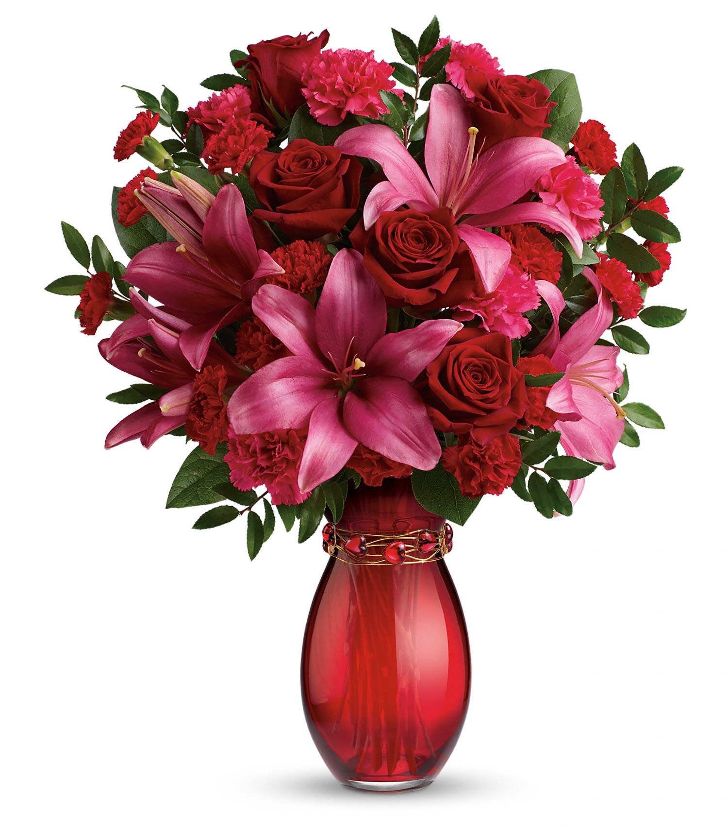 Teleflora's Crimson Kisses Bouquet PM - Get kissed! Captivating crimson roses and flirtatious pink lilies are sure to earn you a few Valentine's Day smooches, especially when they're hand-delivered in this hand-blown red glass vase with a striking bracelet! 