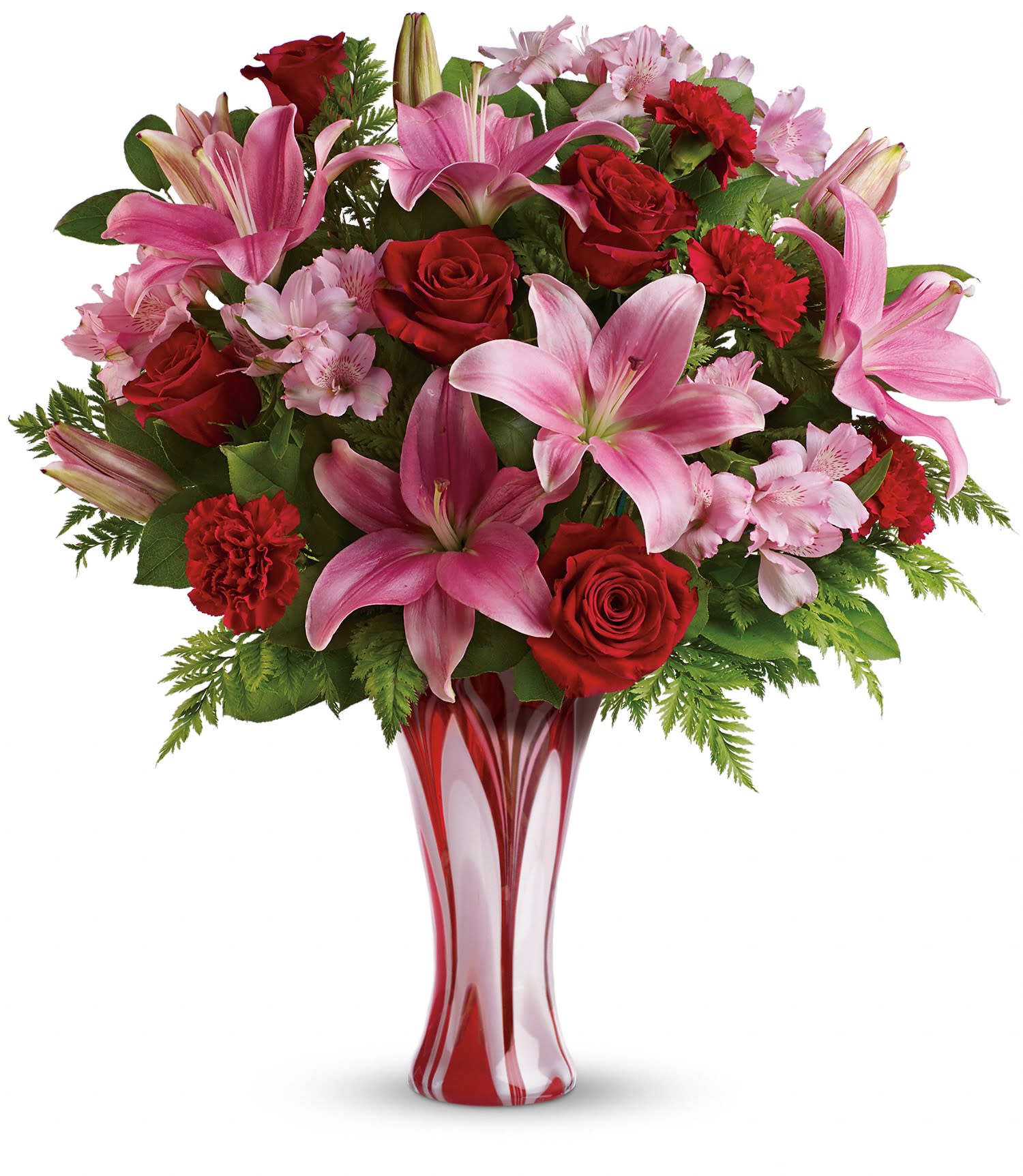 Teleflora's Rose Nouveau Bouquet PM - Romance is an art. Perfect it this Valentine's Day with this dramatic take on the classic red rose bouquet! Rich red roses, pretty pink lilies and delicate alstroemeria are masterfully arranged in a stunning glass vase she'll treasure forever. 