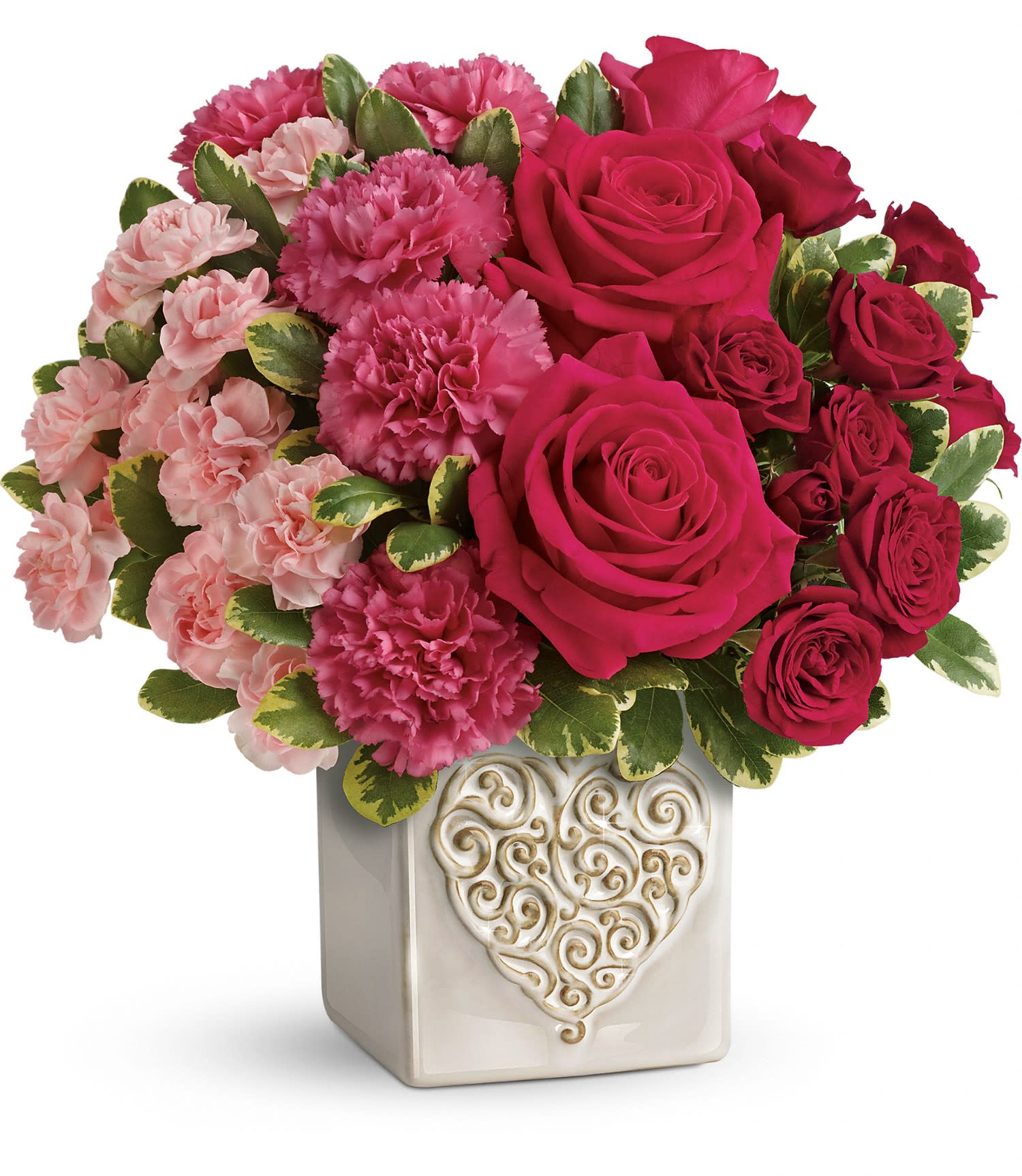 Teleflora's Swirling Heart Bouquet PM Teleflora's Swirling Heart Bouquet PM - Celebrate someone special with this sweet bouquet of red and pink roses, arranged in a modern ombre style. Hand-delivered in a charming stoneware cube vase with artisanal reactive glaze and intricate heart motif, it's a gift that will brighten anyone's Valentine's Day!
