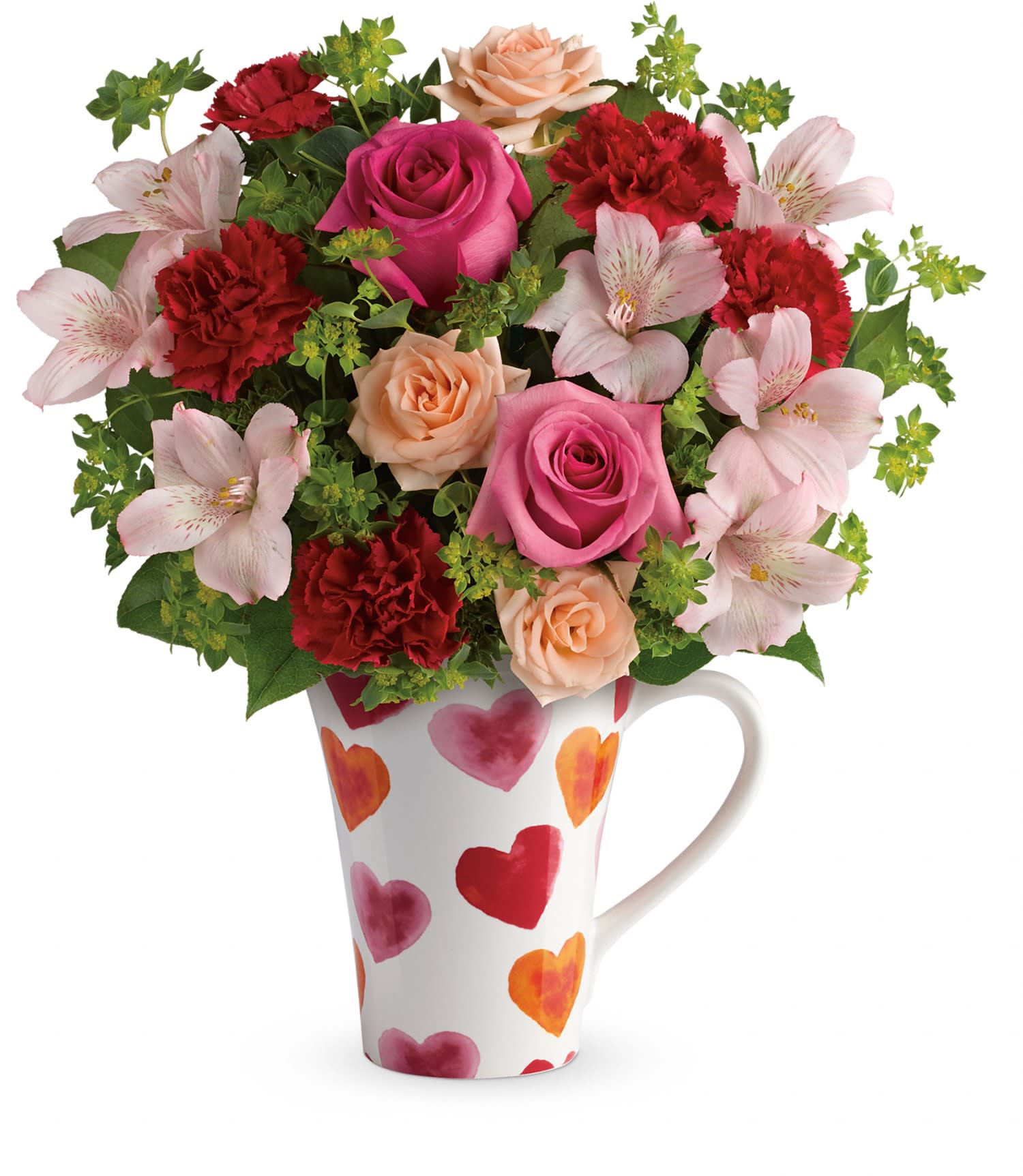 Teleflora's Hearts And Hugs Bouquet Teleflora's Hearts And Hugs Bouquet - Make their heart dance with this adorable Valentine's Day gift! Presented in a food-safe mug dotted with delightful watercolor hearts, this charming bouquet of pink and peach roses is a terrific 2-in-1 treat for any lucky loved one!