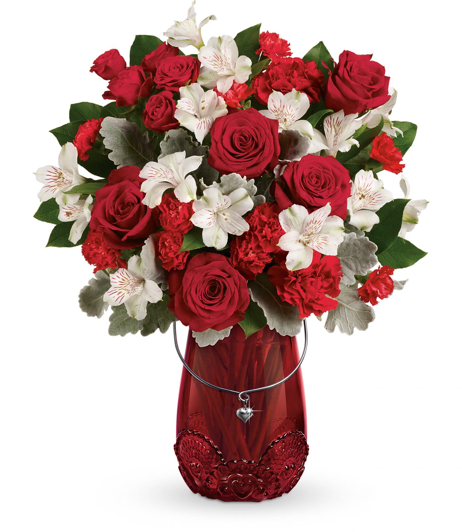 Teleflora's Red Haute Bouquet DX - Take their Valentine's Day breath away with this passionate rose bouquet, presented in a keepsake glass lantern vase with beautiful lace detail and sparkling heart charm. 