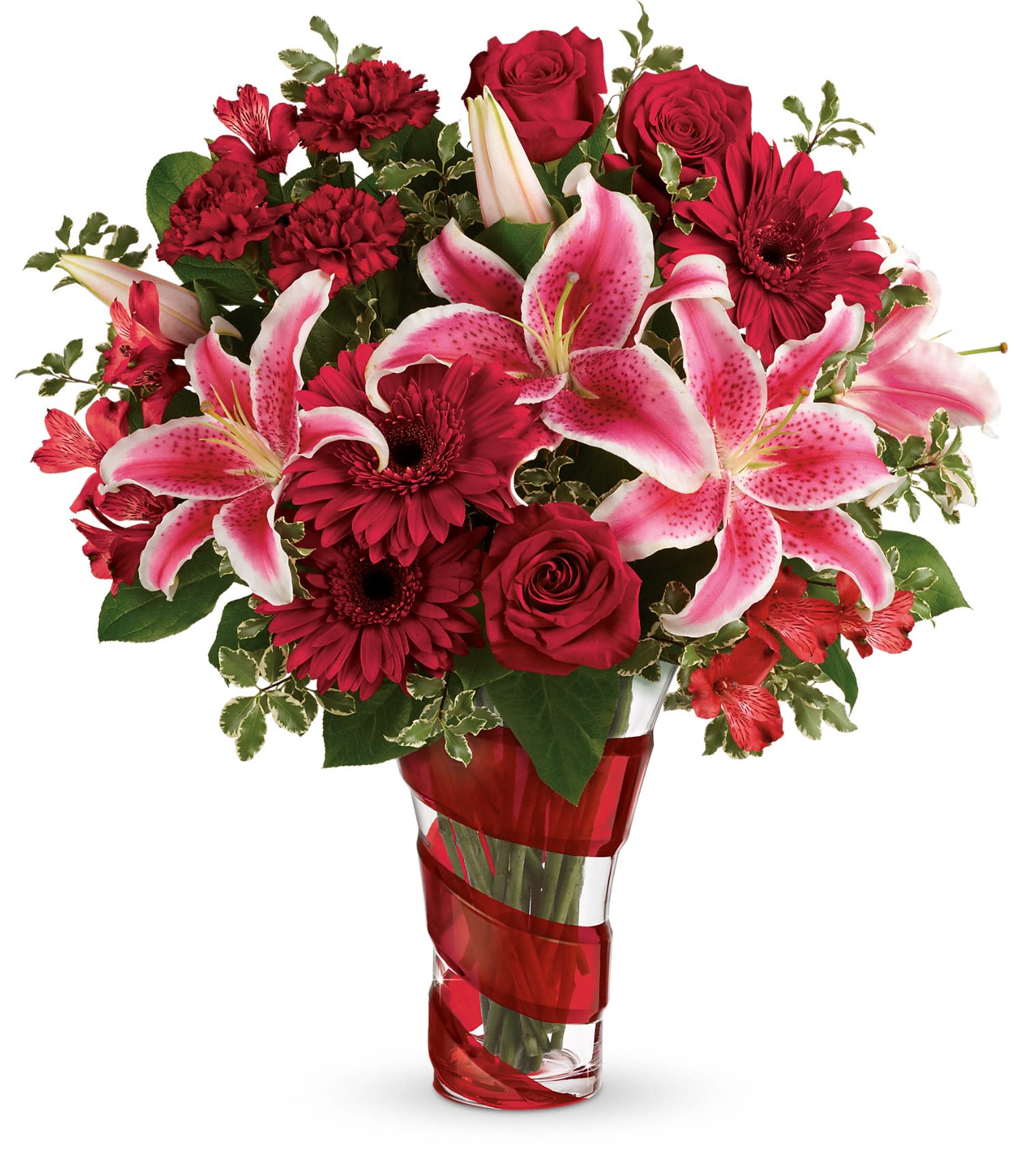Teleflora's Swirling Desire Bouquet DX Teleflora's Swirling Desire Bouquet DX - With its stunning art glass vase and luxurious roses, this magnificent Valentine's Day surprise leaves nothing to be desired!