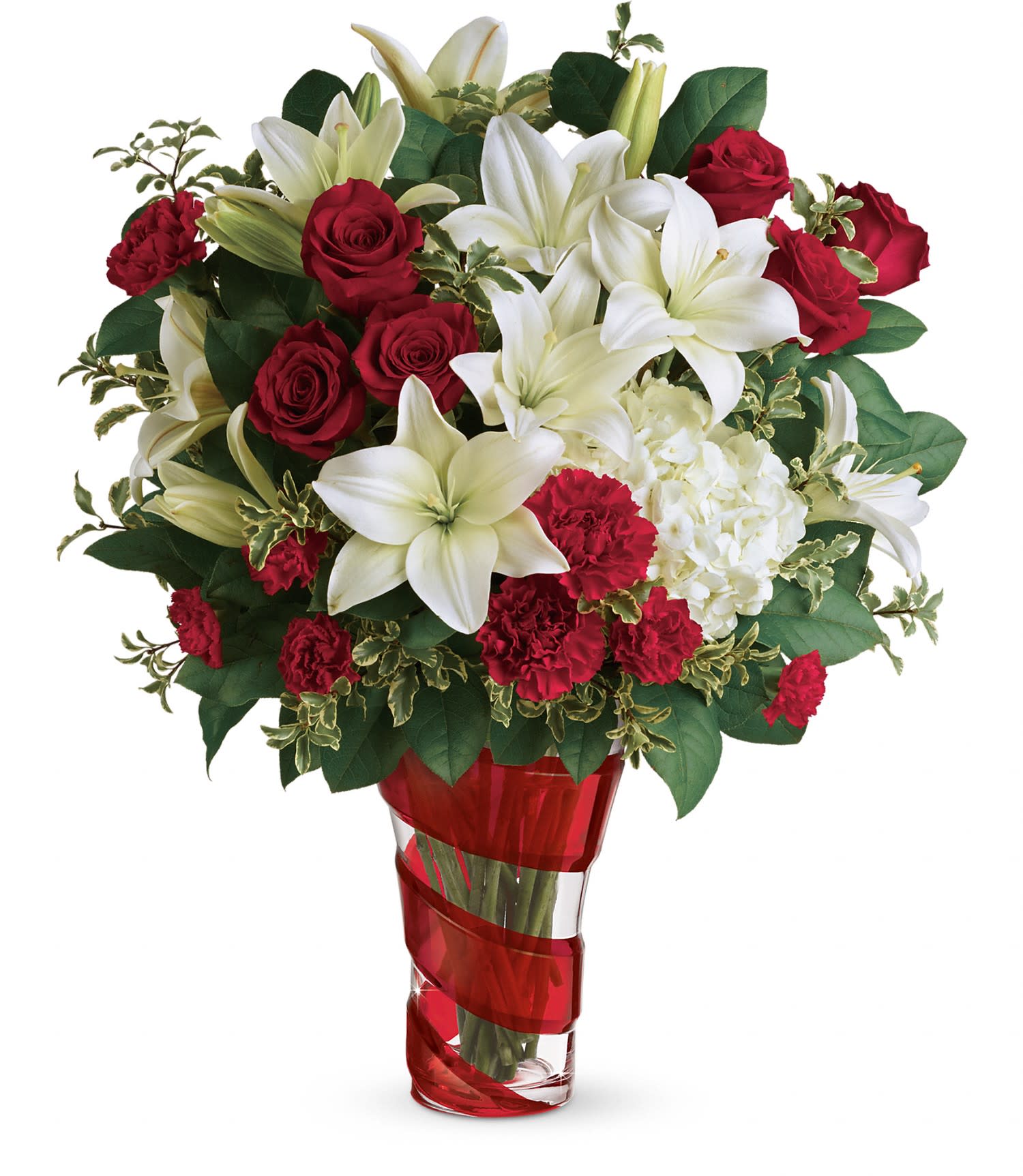 Teleflora's Work Of Heart Bouquet DX - Wrapped in a ribbon of crimson glass, this gorgeous art piece is the perfect presentation for a breathtaking Valentine's Day bouquet of roses and lilies. 