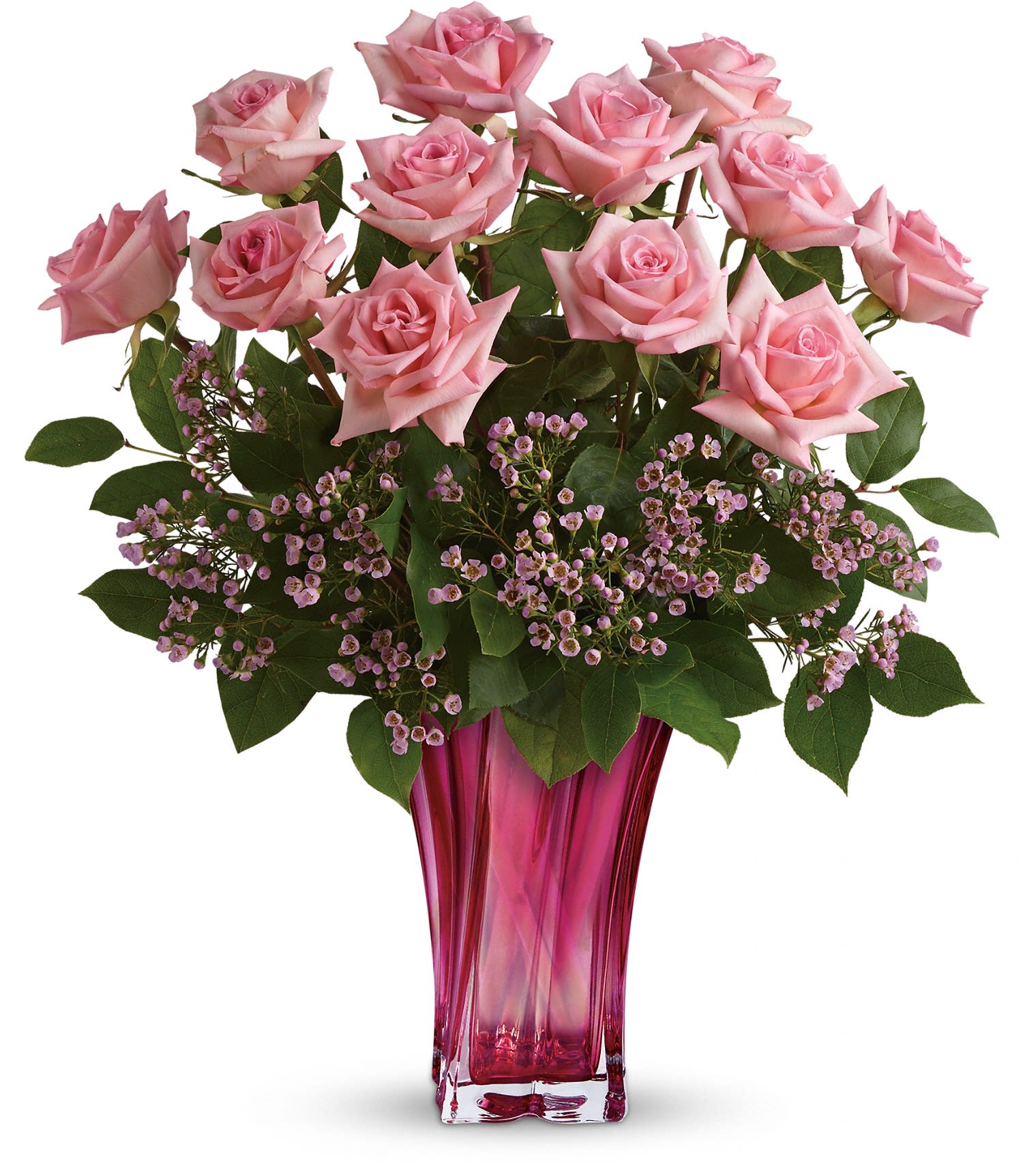 Teleflora's Glorious You Bouquet Teleflora's Glorious You Bouquet - Perfectly pink! Beautifully simple, this exquisite mix of soft pink roses and delicate pink waxflower finds its perfect complement in a fabulously fuchsia blown glass vase. Hand-delivered for Mother's Day, it's a glorious surprise she'll never forget!