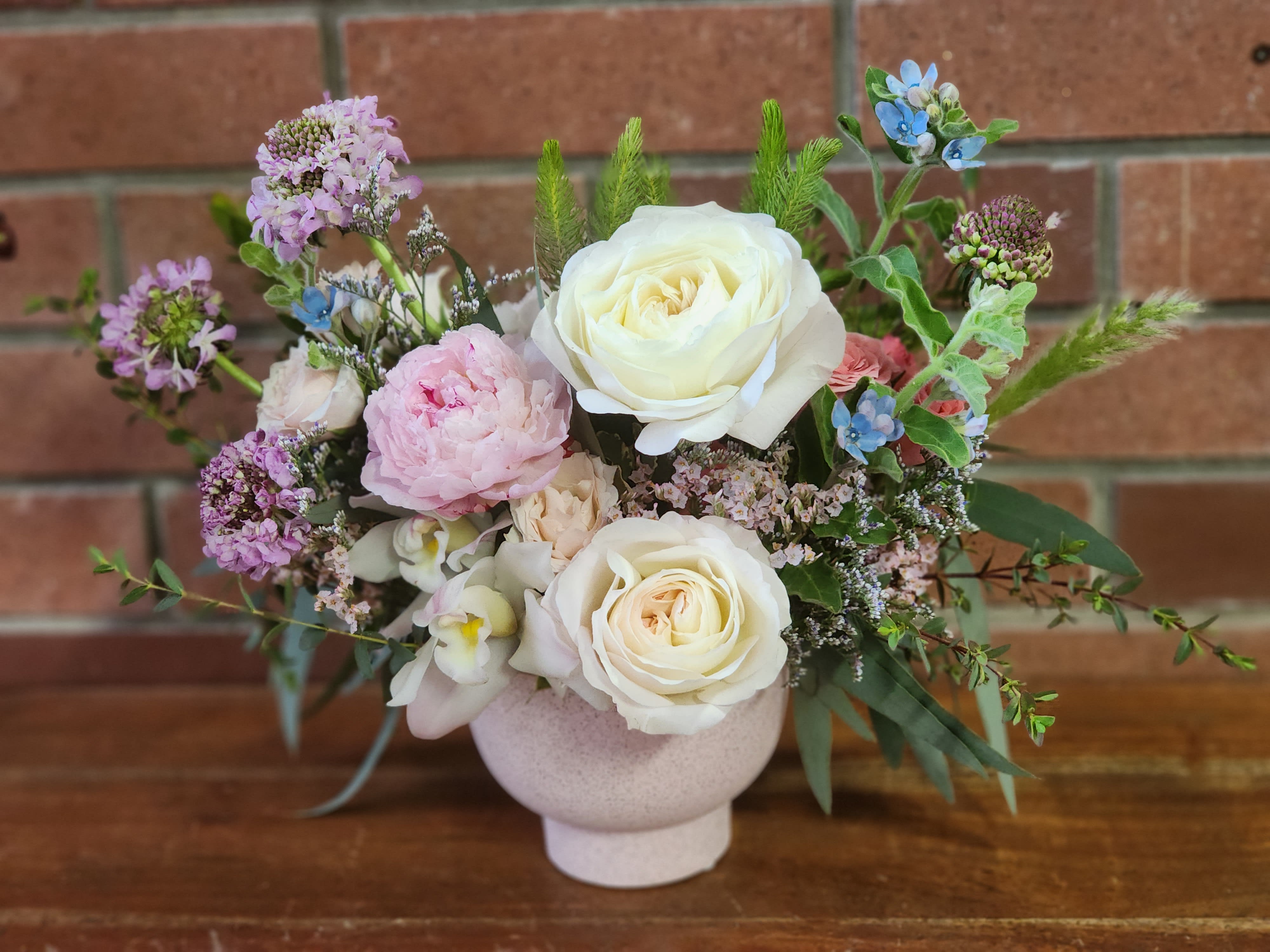 Sweetheart - Modern vase dreamy and lush fresh arrangement with garden roses, blue tweedia,scabiosa, spray roses, fillers and greenery 