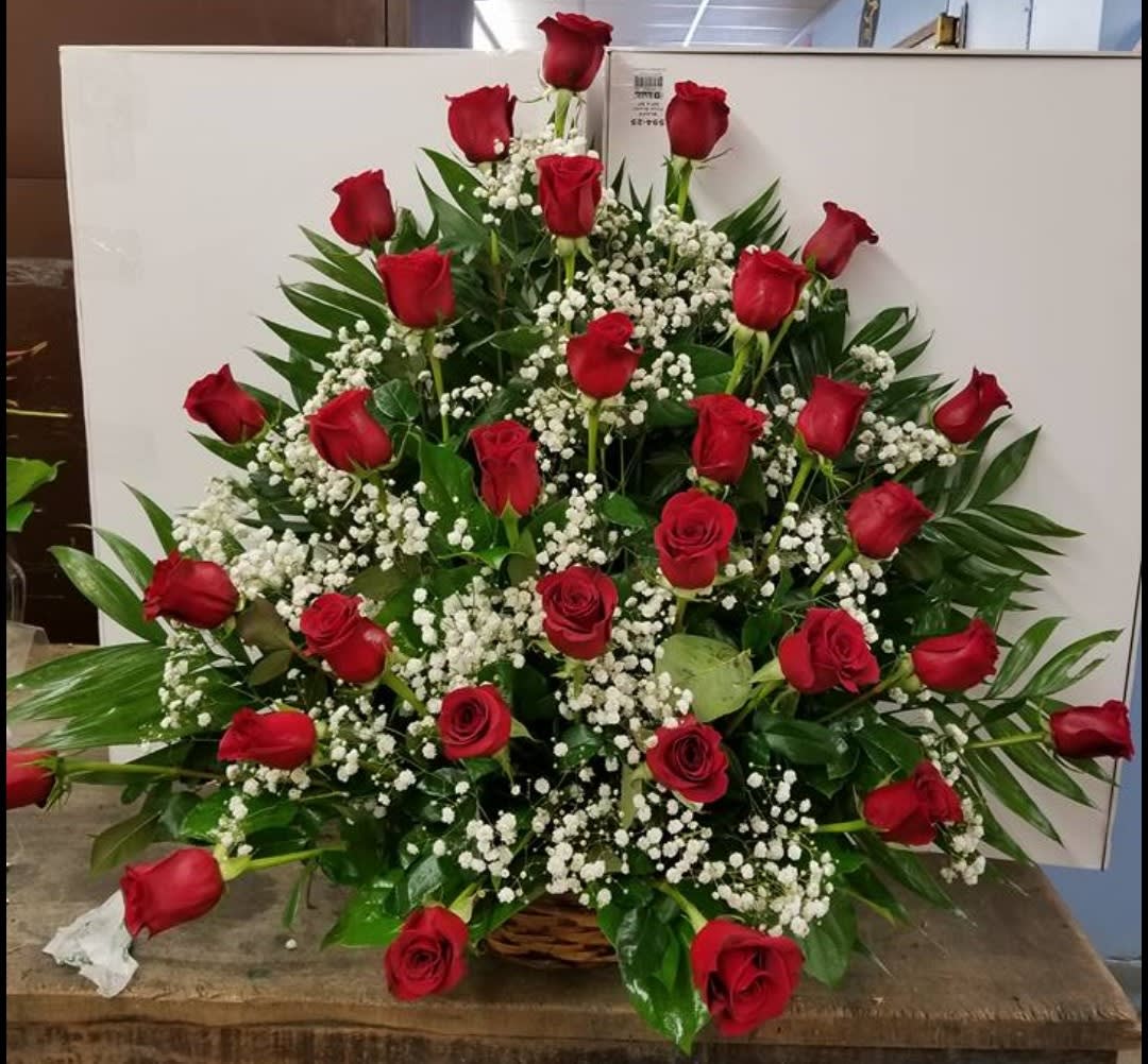 Roses are Red Basket - 2 Dz beautiful Ecuadorian roses in a nice brown basket accented with baby's breath. 