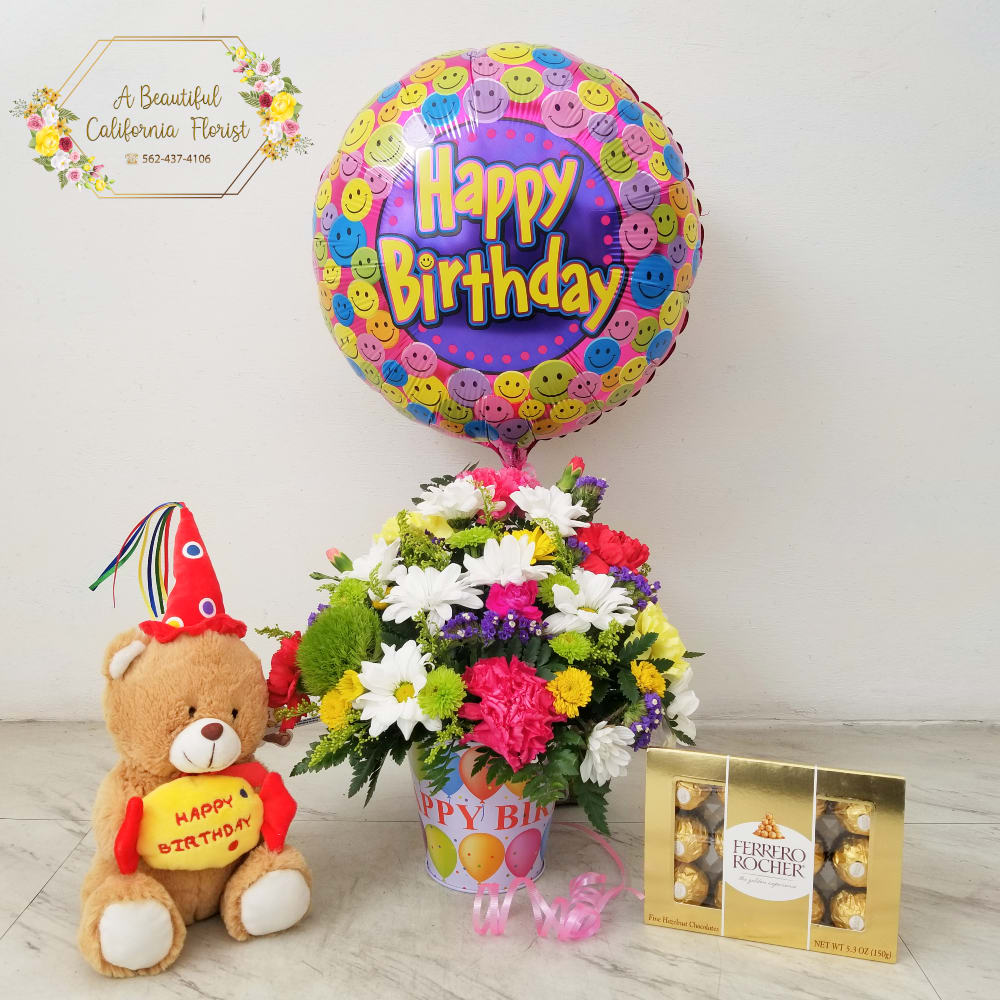 Happy Birthday Combo - Flowers, Bear, Chocolates and BALLOON ...