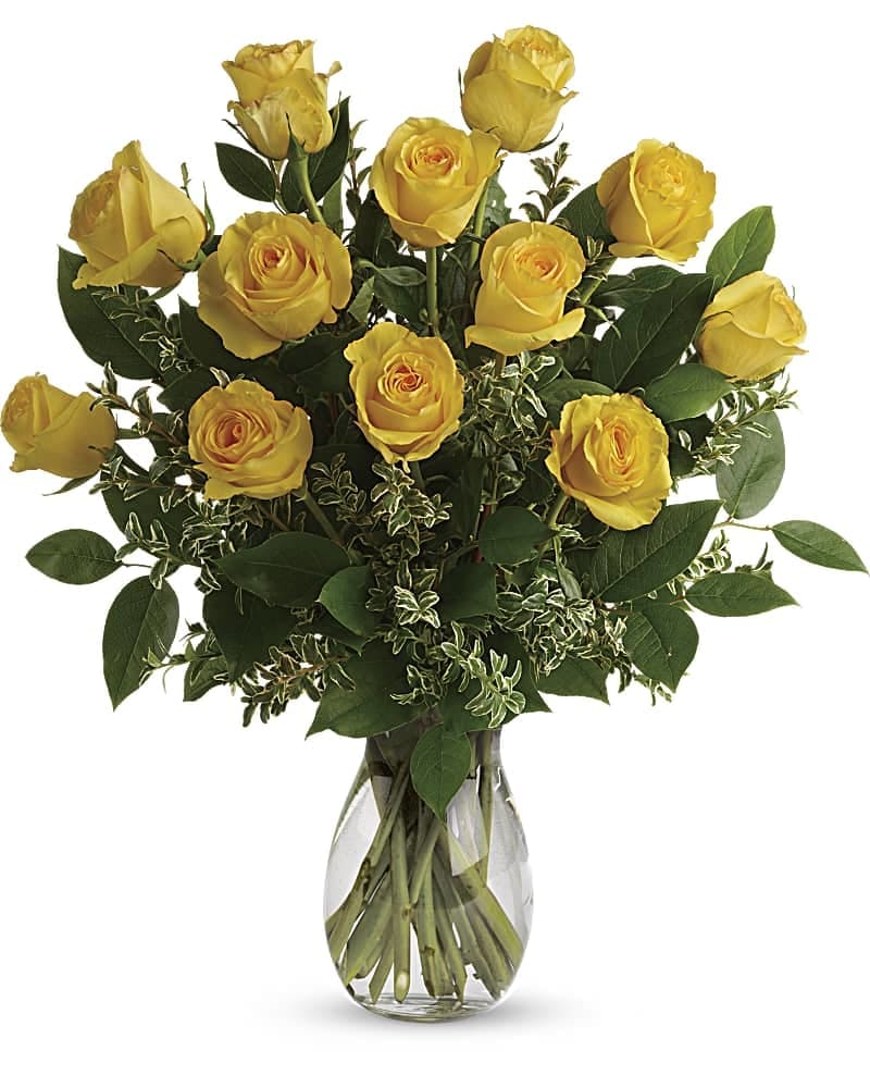 Say Yellow Bouquet - Here comes the sun! Say hello to a happy day with this grand bouquet of a dozen yellow roses and fresh greens in a graceful glass vase. This sunny arrangement features 12 yellow roses with oregonia and lemon leaf. Delivered in a glass jordan Vase.