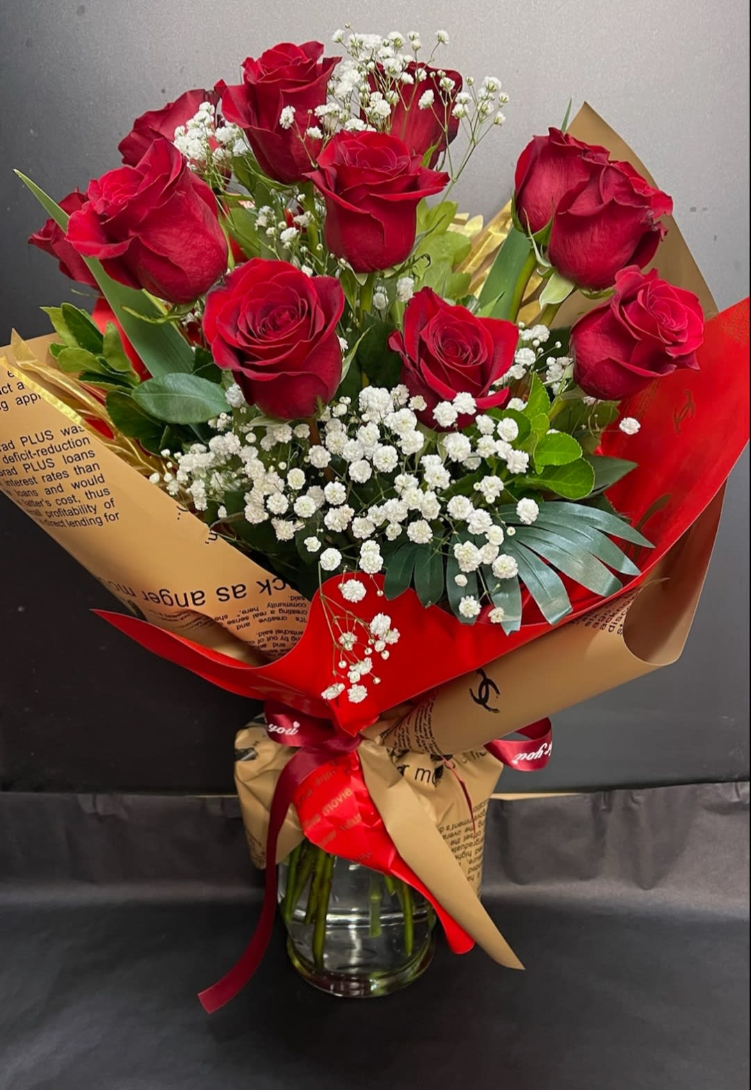 Dosen roses wrapped bouquet  - Roses,baby breath 