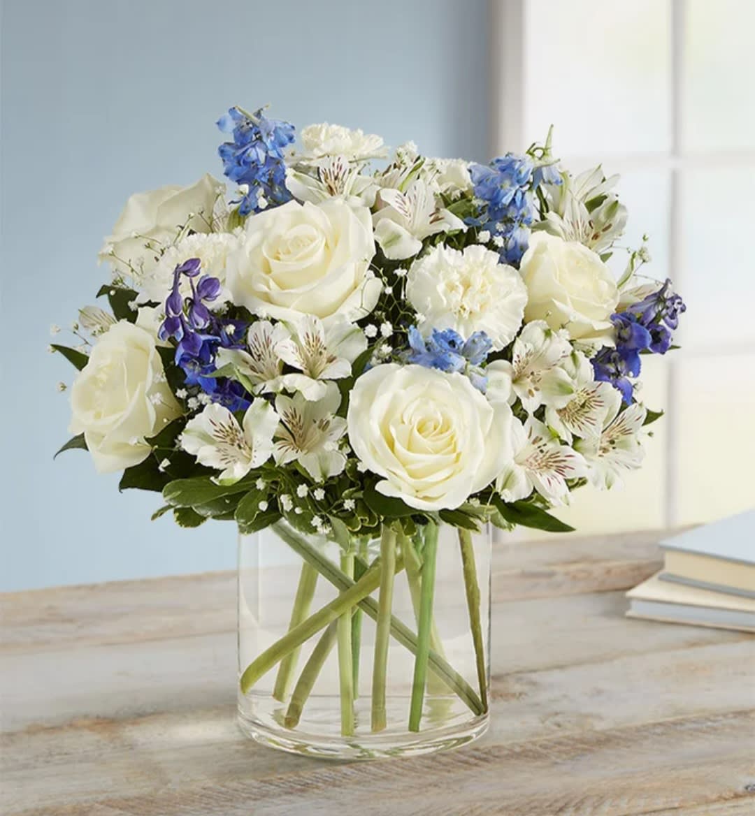 Wonderful wishes - Roses,delphinium, carnations, alstroemeria 
