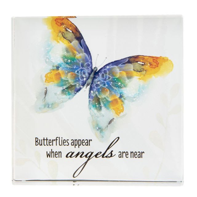 Ganz - Butterfly's near, beveled glass block - The Ganz Blooming Butterflies Beveled Glass Block is made out of glass and features a watercolor butterfly design. It measures 4 inch square by 3/4 inch deep and reads &quot;Butterflies Appear When Angels Are Near&quot;.
