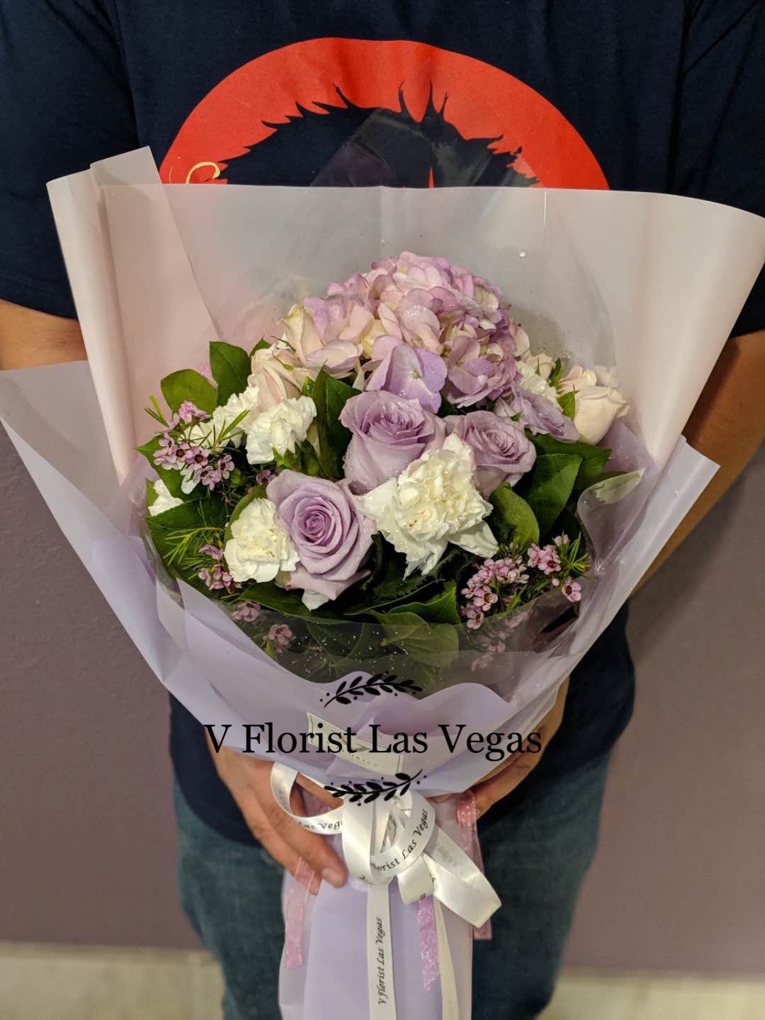 white roses and lavender bouquet