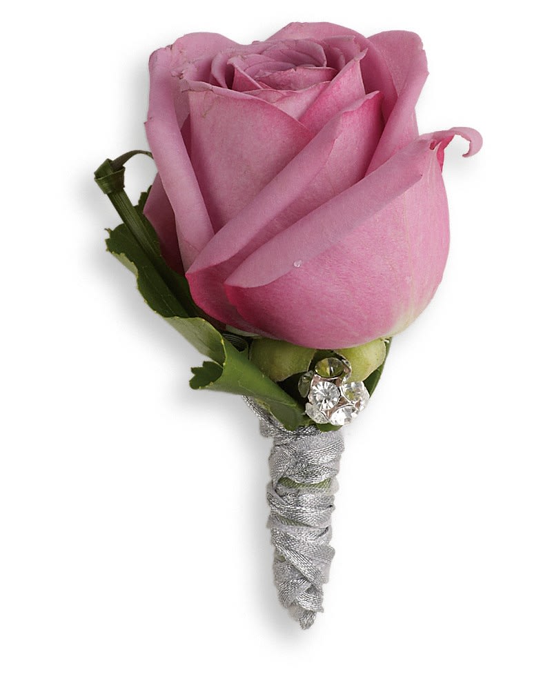 Roses And Ribbons Boutonniere - Keep it sweet and simple with a singularly stunning lavender rose and rhinestone accents. A lavender rose and galax leaf accented with rhinestones.
