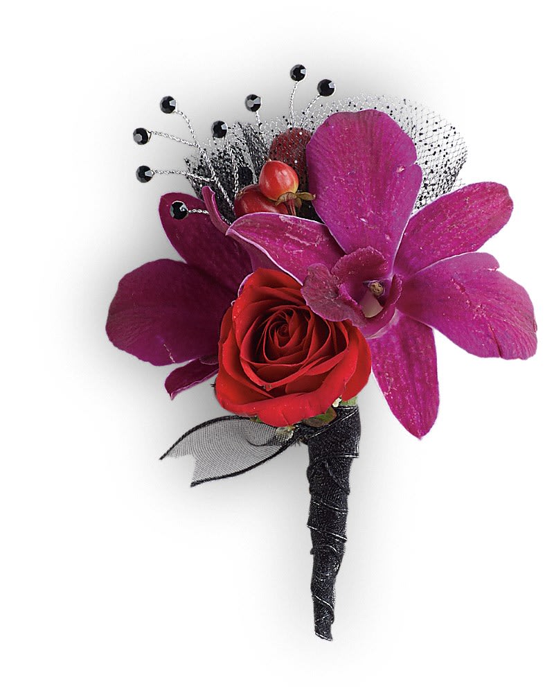 Celebrity Style Boutonniere - You're a star in purple orchids with red spray roses and hypericum. Purple dendrobium orchids, red spray roses and red hypericum with black rhinestone accents.