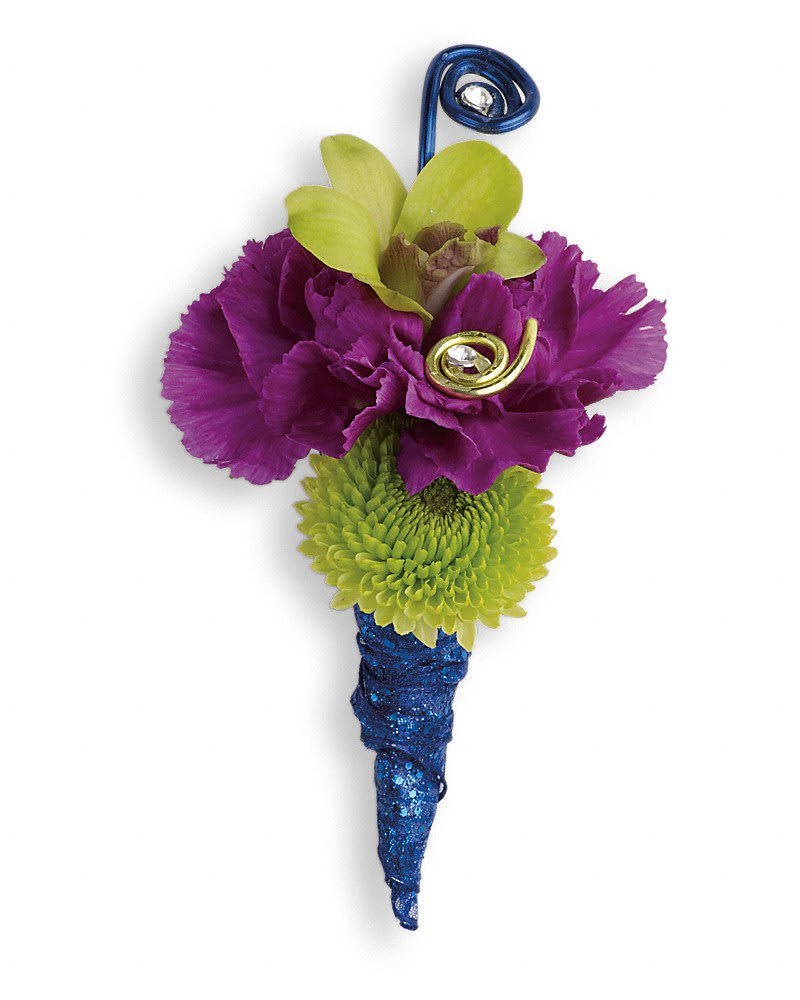 Evening Electric Boutonniere Evening Electric Boutonniere - Make a statement in this electric mix of bright green orchids and deep purple carnations. Green dendrobium orchids, purple carnations and green button spray chrysanthemums.