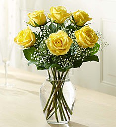 Friendship Forever -  These 6 yellow roses are examples of warmth, life, knowledge and joy, chiefly because the yellow rose was the same color as the sun. In addition, yellow rosebuds symbolized innocence and youth, as well as a caring relationship. Yellow is also the color that promotes healing. Send early and your loved one will know that you really care.