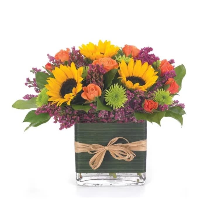 Birthday  Brilliance  - Celebrate a birthday of everyday Occasion with  this Beautiful Bouquet of spray roses, Sunflower, Green pompoms in cube vase
