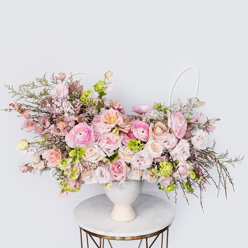 Magnolia - Asymmetrical design in ivory pedestal vase filled with organic preserved floral and fresh spring blooms in shades of blush, mauve and nude *Image featured is PREMIUM size*