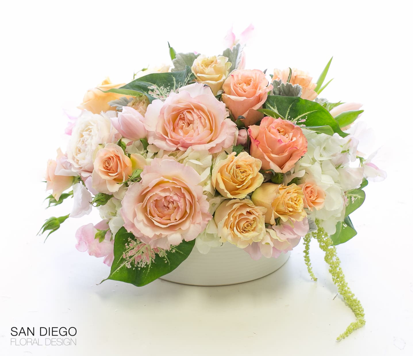 Elegance  - This arrangements is an explosion of elegance, a rich textural palette of soft pinks, blush and peach toned roses, garden roses, tulips. 