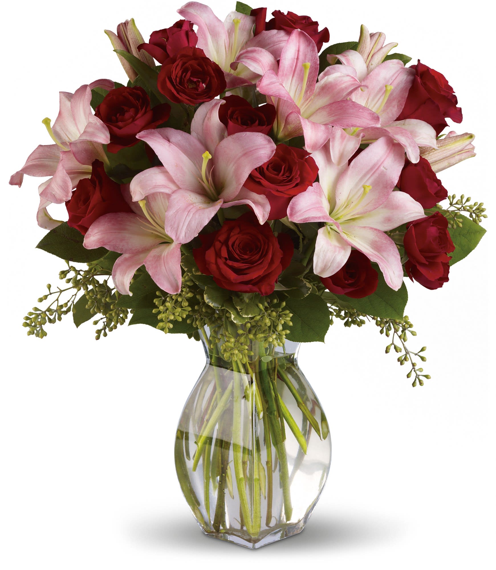 Lavish Love Bouquet with Long Stemmed Red Roses  -  T5-1A - Lovely reds and pinks come together in this lavishly romantic anniversary gift. Sweetly sentimental, this combination of colors and flowers is a delightfully fresh way to say &quot;I love you.&quot;  Radiant red roses and spray roses along with pretty in pink asiatic lilies are beautifully arranged in a stylish glass vase. It's a beautiful way to celebrate a romance that deepens with each passing year.  Approximately 17&quot; W x 20&quot; H  Orientation: One-Sided      As Shown : T5-1A     Deluxe : T5-1B     Premium : T5-1C  