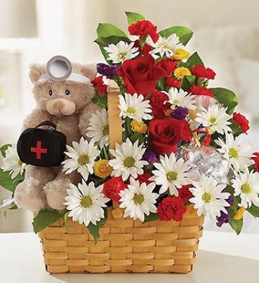 Lotsa Love Get Well -  Our 3-in-1 gift combination is just what the doctor ordered, made up of beautiful fresh flowers, a cuddly plush bear and delicious candy! (Animal style may vary)    Item # 17564 