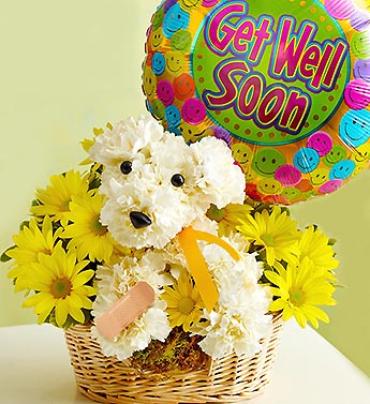 Sick As A Dog -   For anyone that's a little under the weather, our playful pooch-shaped bouquet is just the prescription. This truly original arrangement is hand-crafted by our select florists using white carnations and yellow poms, accented with bright yellow ribbon and a &quot;Get Well&quot; balloon. One look and they'll be feeling like the top dog in no time.   Item # 91877 