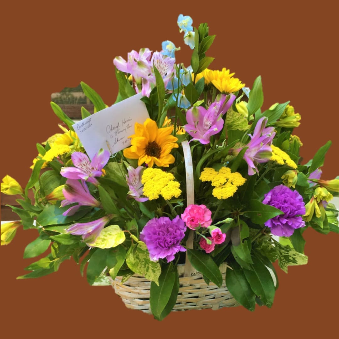 Tranquil Basket - The soft colors of this basket arrangement of mums and seasonal flowers help bring peace and comfort to a friend or family member in need.