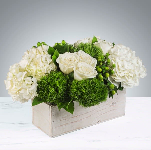 The Hamptons  - This crisp white and green arrangement includes roses, dianthus, and hydrangeas. The Hamptons is the perfect gift for a Grandparents Day, Earth Day, or just because. It's size and shape also make it a fitting centerpiece for any table.   APPROXIMATE DIMENSIONS 18&quot; W X 10&quot; H