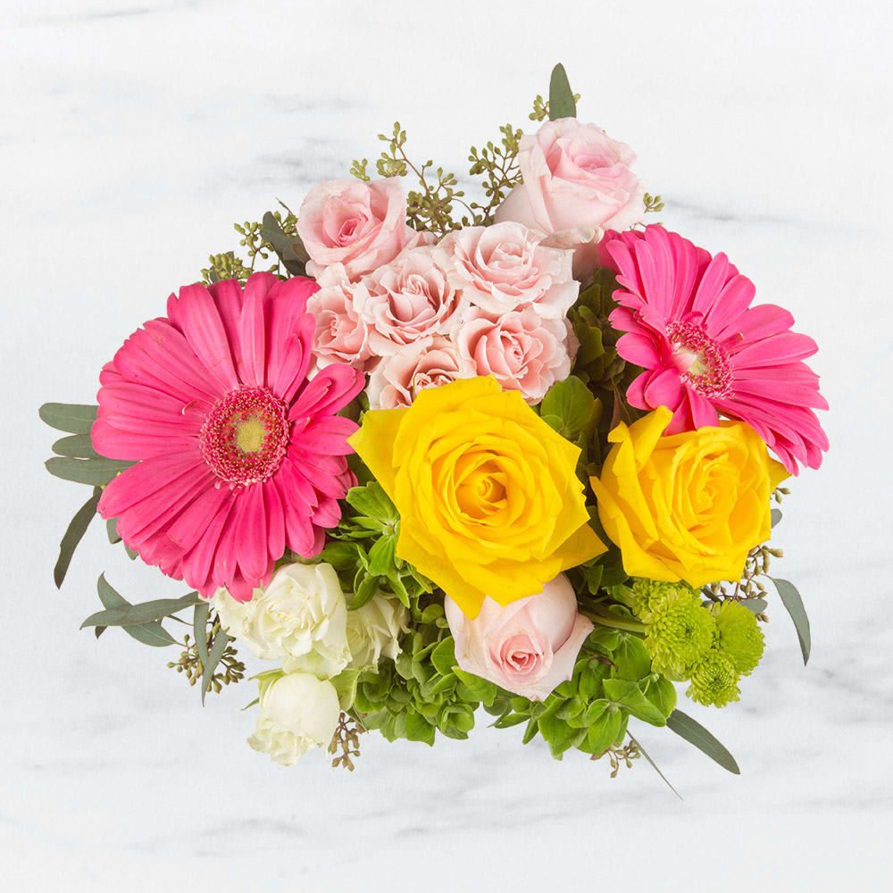 Time To Celebrate by BloomNation™ - No matter what you're celebrating, this is a perfect gift to wish someone praise or honor their new beginnings. This arrangement contains Pink Gerbera Daisies, Roses, and Hydrangea. APPROXIMATE DIMENSIONS: 12&quot;H x 11&quot;D
