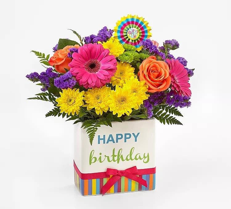 Birthday Brights Bouquet Birthday Brights Bouquet - Colorful, bright, festive flowers in a ceramic "Happy Birthday" container! Order 24/7 Delivery Mon-Fri only
