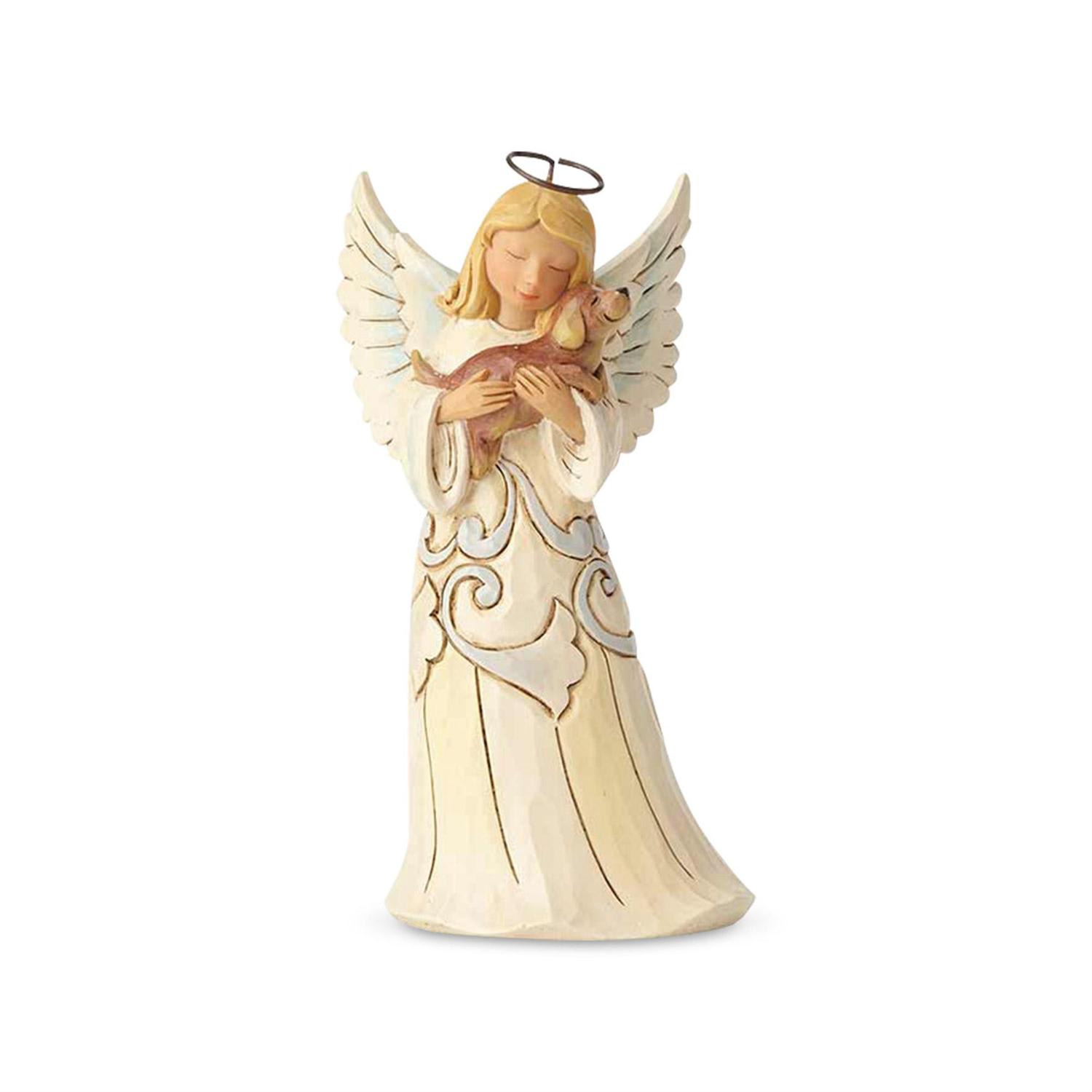 Jim Shore - Pint Sized Angel with Dog - Description  This endearing pint sized angel is the perfect gift to brighten the day of dog lovers everywhere. Nuzzling a loving pup, she exudes warmth and love. The 5” hand-crafted angel is sculpted in wonderful detail and finished in gentle White Woodland colors.  Figurine 5.2in H Faithful Friend Jim Shore's unmistakable style combines a diverse color palette with designs inspired by folk art forms of quilting, rosemaling and tole painting. Captures angel and dog in beautiful detail Hand-painted and crafted from high-quality stone resin 5.2&quot; H x 2.6&quot; L x 2.5&quot; W
