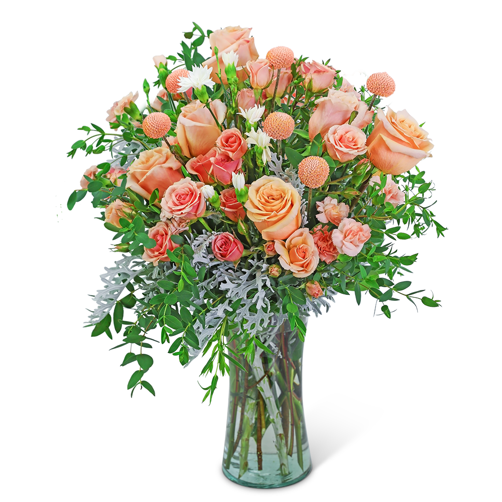 Glazed Honeycrisp - Our Glazed Honeycrisp design is a sweet way to show someone you care. Delicate peach roses bring life to this arrangement, as Carnations, Crespedia, and other premium flowers and foliage fill it out beautifully. If you’re looking for a birthday or anniversary gift that really expresses your love, look no further than our Glazed Honeycrisp design. We can offer same-day flower delivery in most cases.