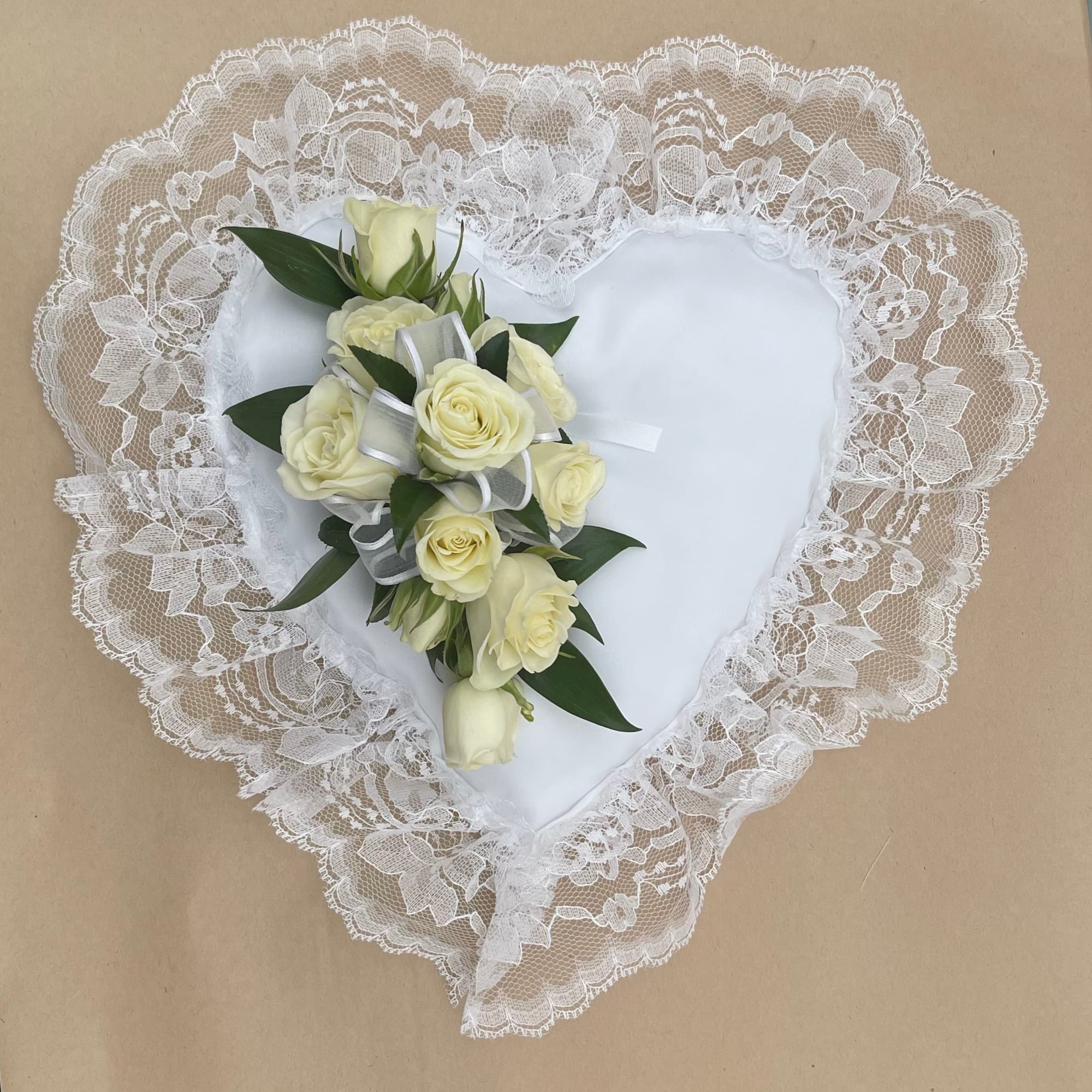 Satin Casket Heart White Mini Rose By Evans Flowers 6-1