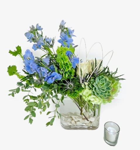 Modern Memento   - This modern arrangement features calming shades of blues, greens and whites, designed with delicate motion from bells of Ireland and soft blue delphinium, contrasted by textural and lush hydrangea and blue thistle- all surrounding a long-lasting succulent that can be saved and planted as a memento. Balanced with modern, natural accents, styled in a clear glass oval vase. 