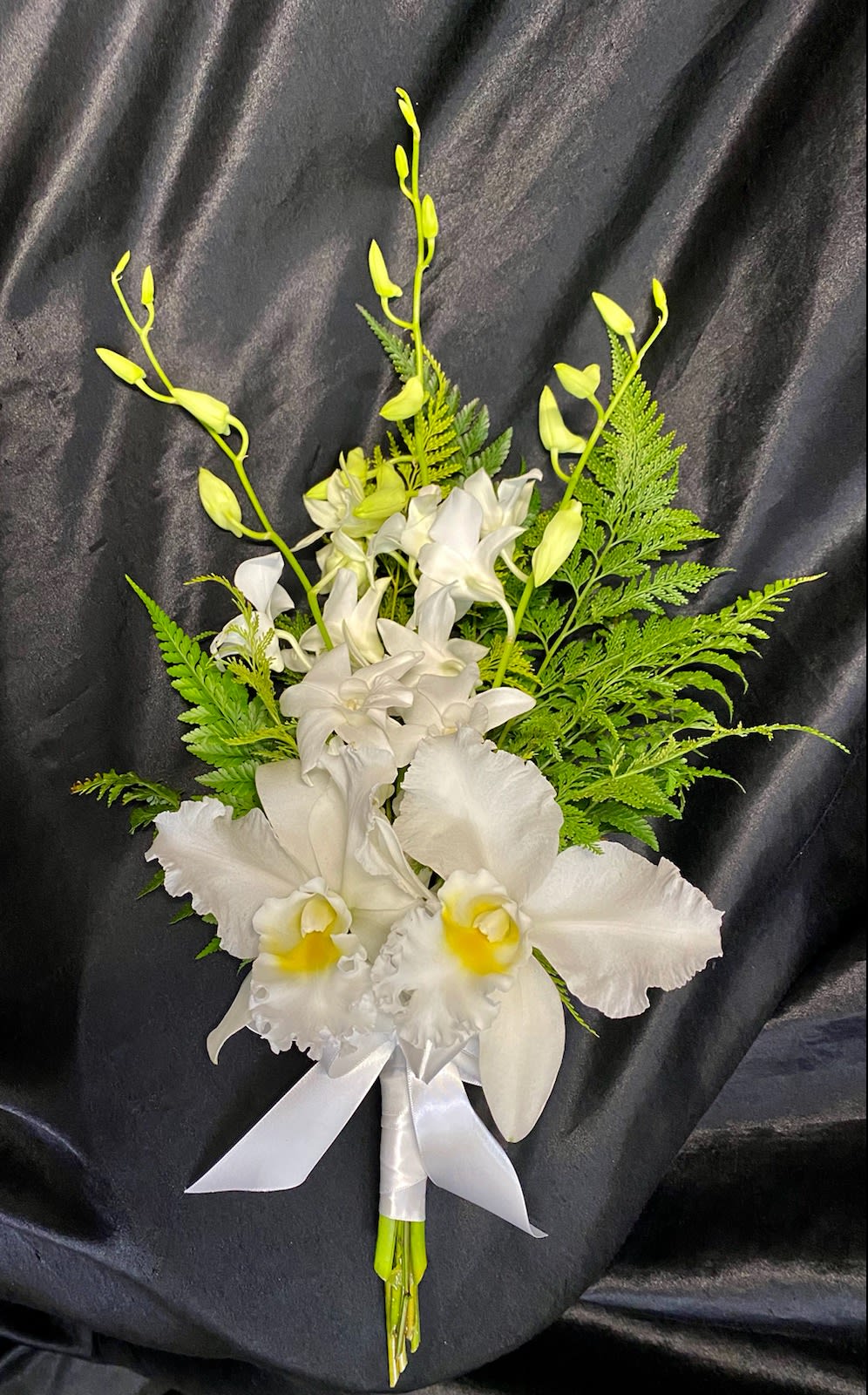 SIMPLE BRIDAL ORCHIDS - WHITE DENDROBIUM &amp; CATTELEYA OR CYMBIDIUM ORCHIDS, FOLIAGE