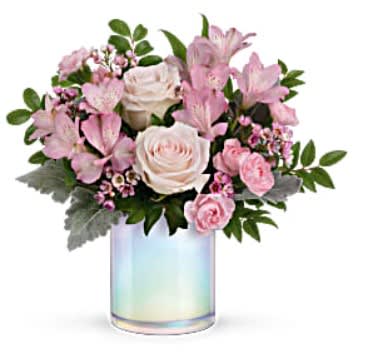 Pretty as a Pearl Bouquet - Spring has sprung! Capture the enchantment of the new season with this pale pink rose bouquet, perfectly presented in a pearlescent white glass vase.