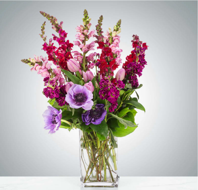 Amethyst Magic by BloomNation™ - Amethysts can come in a variety of beautiful purple colors just like this arrangement. Featuring Anemones, tulips, and snapdragons, this arrangement makes a beautiful February birthday present or a lovely congratulations gift.  Approximate Dimensions: 20&quot;D x 27&quot;H