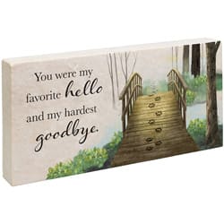 Pet Pawprints Bridge Turkish Marble Paver Stepping Stone Pet Pawprints Bridge Turkish Marble Paver Stepping Stone - Our marble pavers are made of fine Turkish marble that is designed and printed on in the USA. They are 100% weather friendly. W: 12" H: 6" D: 1" Inscription reads " You were my favorite hello and my hardest goodbye."