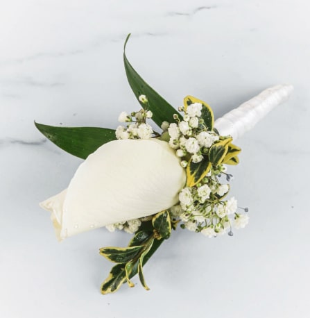 White Rose Boutonnière by BloomNation™  - A classic white boutonnière that compliments any suit. A perfect addition for any prom, formal, or wedding event. 