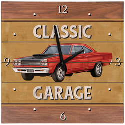 Classic Garage Car Wall Clock Classic Garage Car Wall Clock - This wall clock is made of wood composite with a triangle hanger. Requires 1-AA battery that is included. Designed and printed in the USA! W: 11.75" H: 11.75" D: 1" inscription on clock reads "Classic Garage"