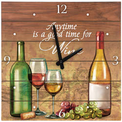 Time for Wine Wall Clock Time for Wine Wall Clock - This wall clock is made of wood composite with a triangle hanger. Requires 1-AA battery that is included. Designed and printed in the USA! W: 11.75" H: 11.75" D: 1" Inscription on clock reads " Anytime is a good time for wine."