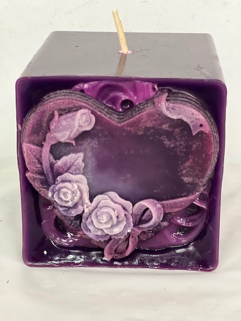 mini rose candle - purple candle with heart and mini rosed