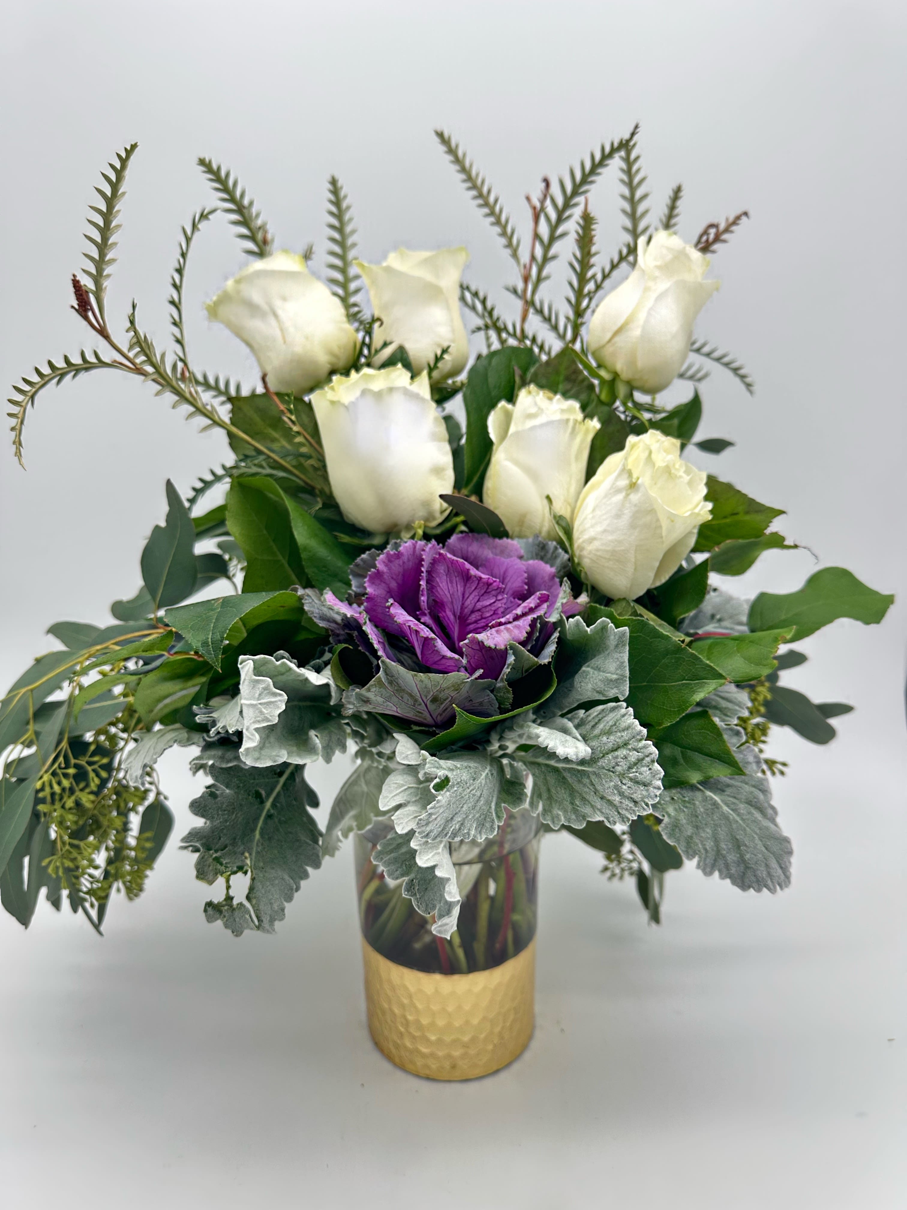 Saint  - Long stem white roses, purple kale, dusty miller, and seeded eucalyptus