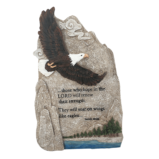 Eagel Memorial Stone - “Those who hope in the LORD will renew their strength. They will soar on wings like eagles” Isaiah 40:31 An eagle soars above a pine lined lake on this polyresin memorial piece. Polyresin Statue 6&quot; Long 2.5&quot; Wide 9.75&quot; High