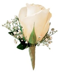 T16911 - For the traditionalist, one white rose adorned with a sprig of baby's breath and green ivy. The color of the rose may be changed; please specify your preference in the special instructions section. 