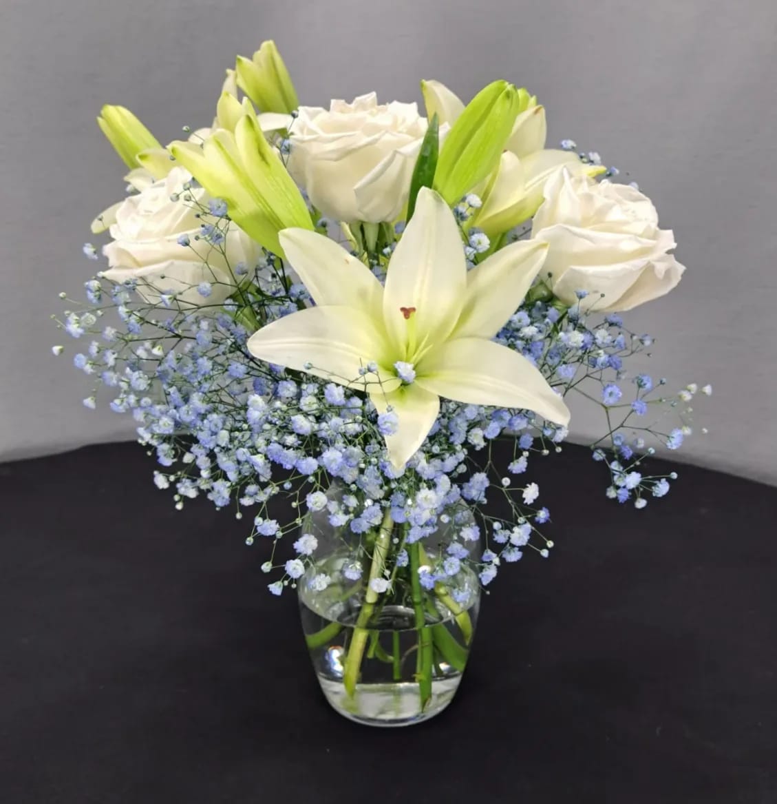 Lilies & Baby's Breath Vase Flower Arrangement by ABM Floral Studio