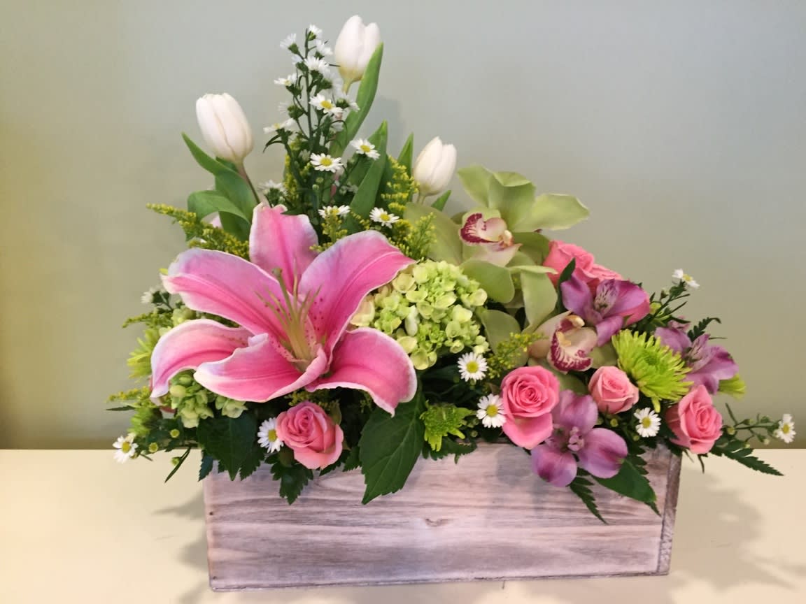 A Box Full of Love - A white wash wooden box full of lovely summery flowers