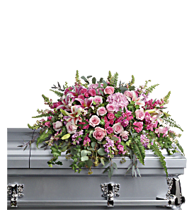 Beautiful Memories Casket Spray - Like your beautiful memories, this dramatic spray of pink hydrangea, roses and lilies will take your breath away. A fresh, feminine symbol of hope for the service. can be made in other shades please call 
