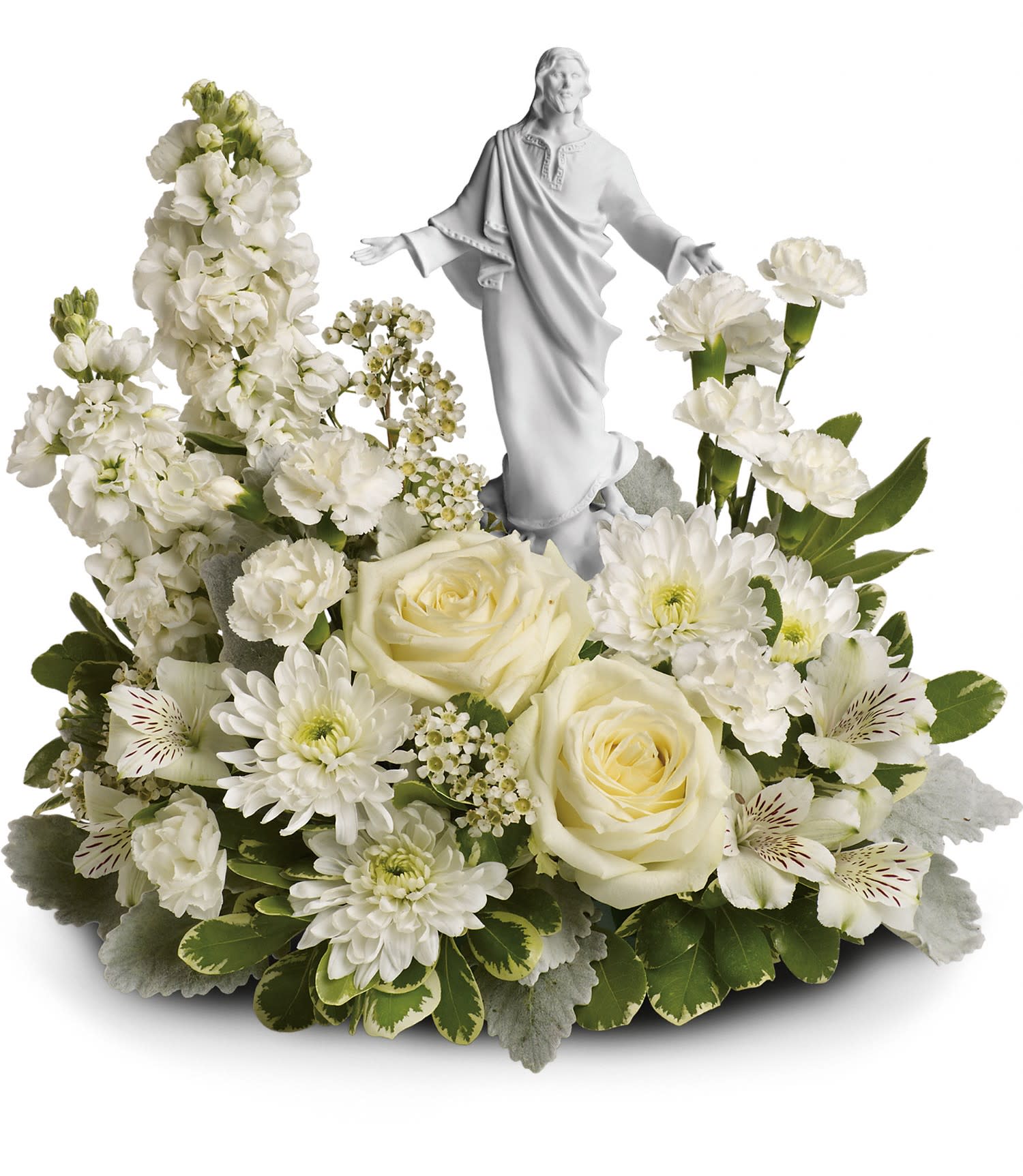 Forever Faithful Bouquet - An elegant display of faith and grace, this beautiful arrangement will comfort the bereaved in a truly thoughtful and respectful way. An exquisite sculpture of Jesus is surrounded by a bed of lovely blossoms. It is sure to be appreciated and always remembered. A fragrant mix of pure white blooms - including roses, alstroemeria, stock, carnations and waxflower - is accented with dusty miller and variegated pittosporum. Delivered with an exclusive Sacred Grace keepsake.  Approximately 14 1/2&quot; W x 13 1/2&quot; H 